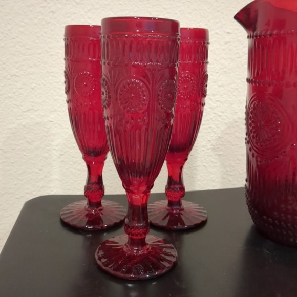 The Pioneer Woman Adeline Ruby Red Glass Pitcher & 3 Fluted Glasses - Picture 3 of 3
